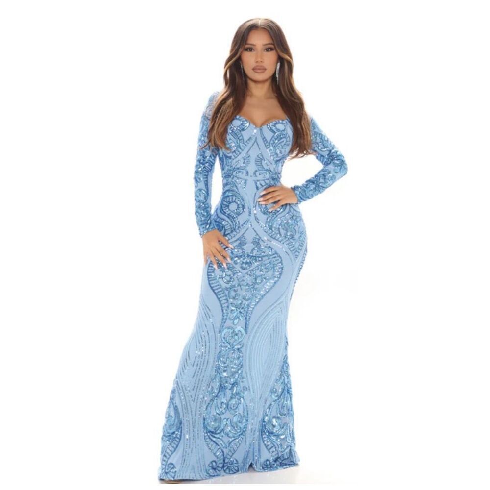Fashion Nova Queen Vibes Sequin Mermaid Gown - Blue